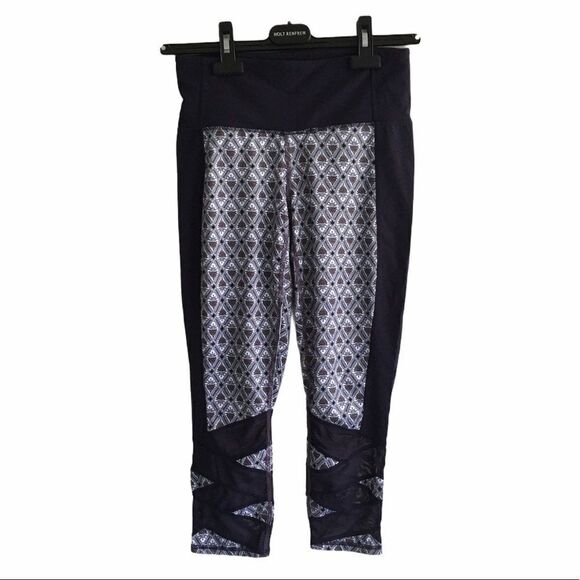 ATHLETA High Rise Mosaic Mantra Capri Leggings Tights Mesh Navy Blue White S - Picture 8 of 12